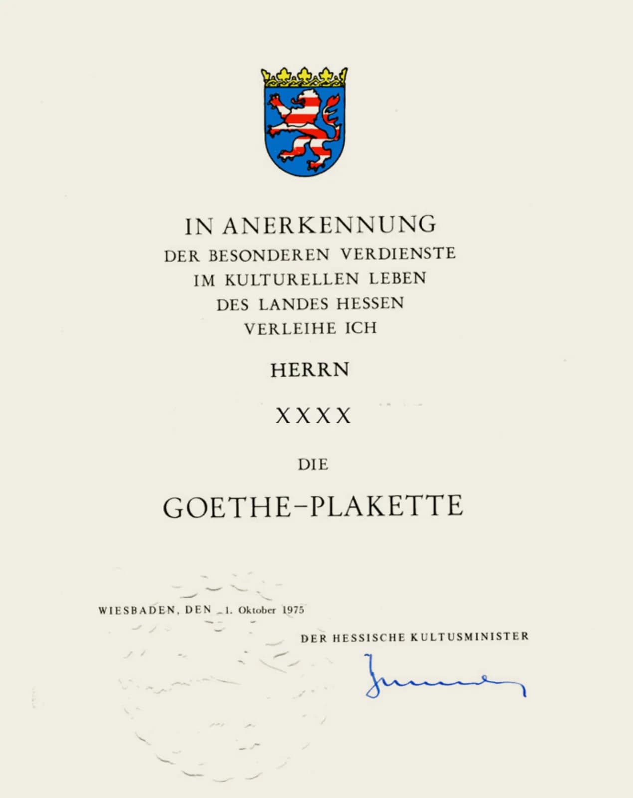 Goethe-Plakette des Landes Hessen