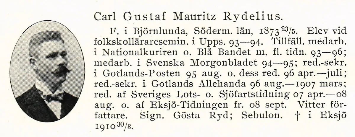 Porträt von Karl Gustaf Mauritz Rydelius (1873–1910) – Gedenkseite