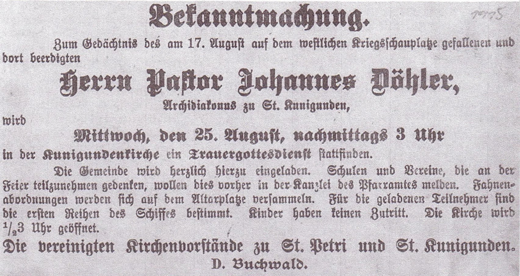 Porträt von Johannes Döhler (1878–1915) – Gedenkseite