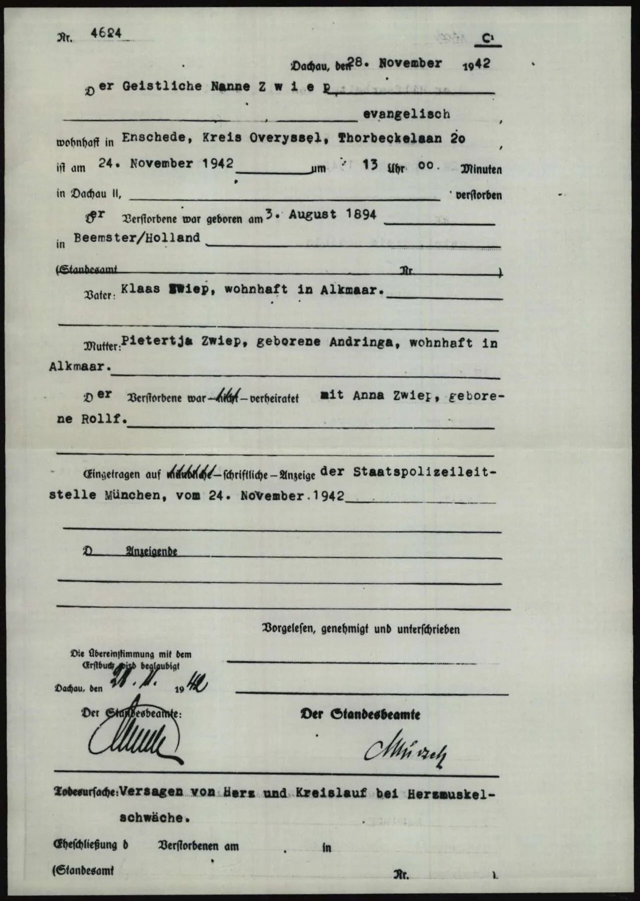 Portrait of Nanne Zwiep (1894–1942) – memorial page