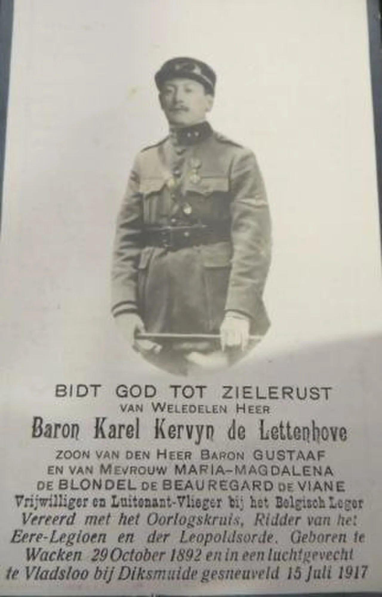 Porträt von Charles Kervyn de Lettenhove (1892–1917) – Gedenkseite