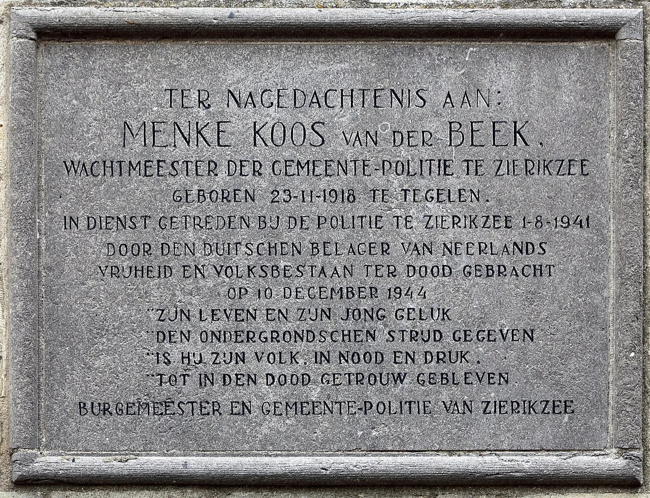 Porträt von Menke Koos van der Beek (1918–1944) – Gedenkseite