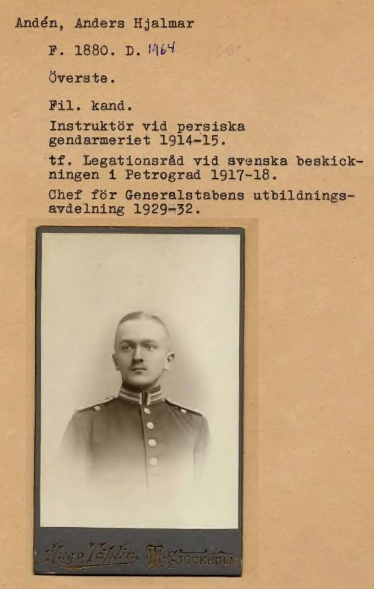 Porträt von Anders Andén (1880–1964) – Gedenkseite