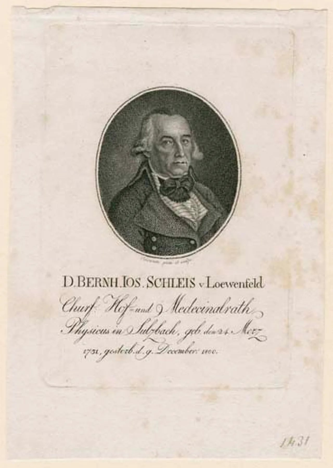 Portrait of Bernhard Joseph Schleiß (1731–1800) – memorial page