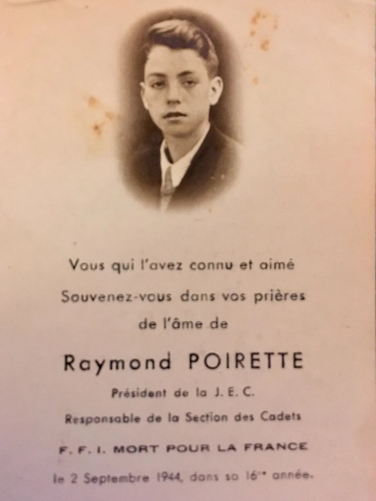 Porträt von Raymond Poirette (1928–1944) – Gedenkseite