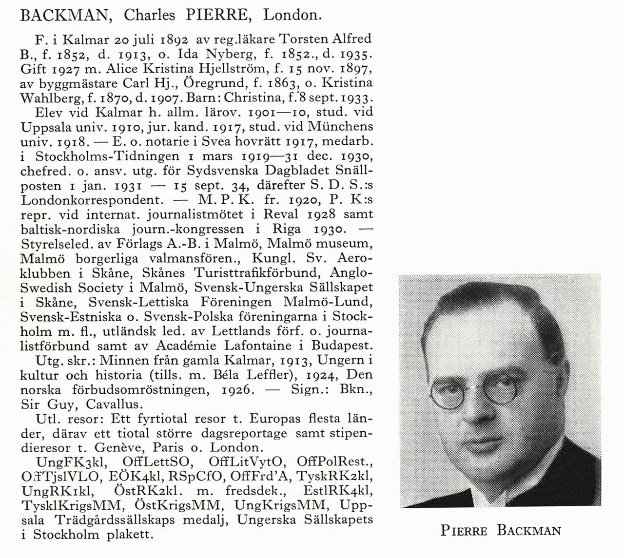 Porträt von Pierre Backman (1892–1969) – Gedenkseite
