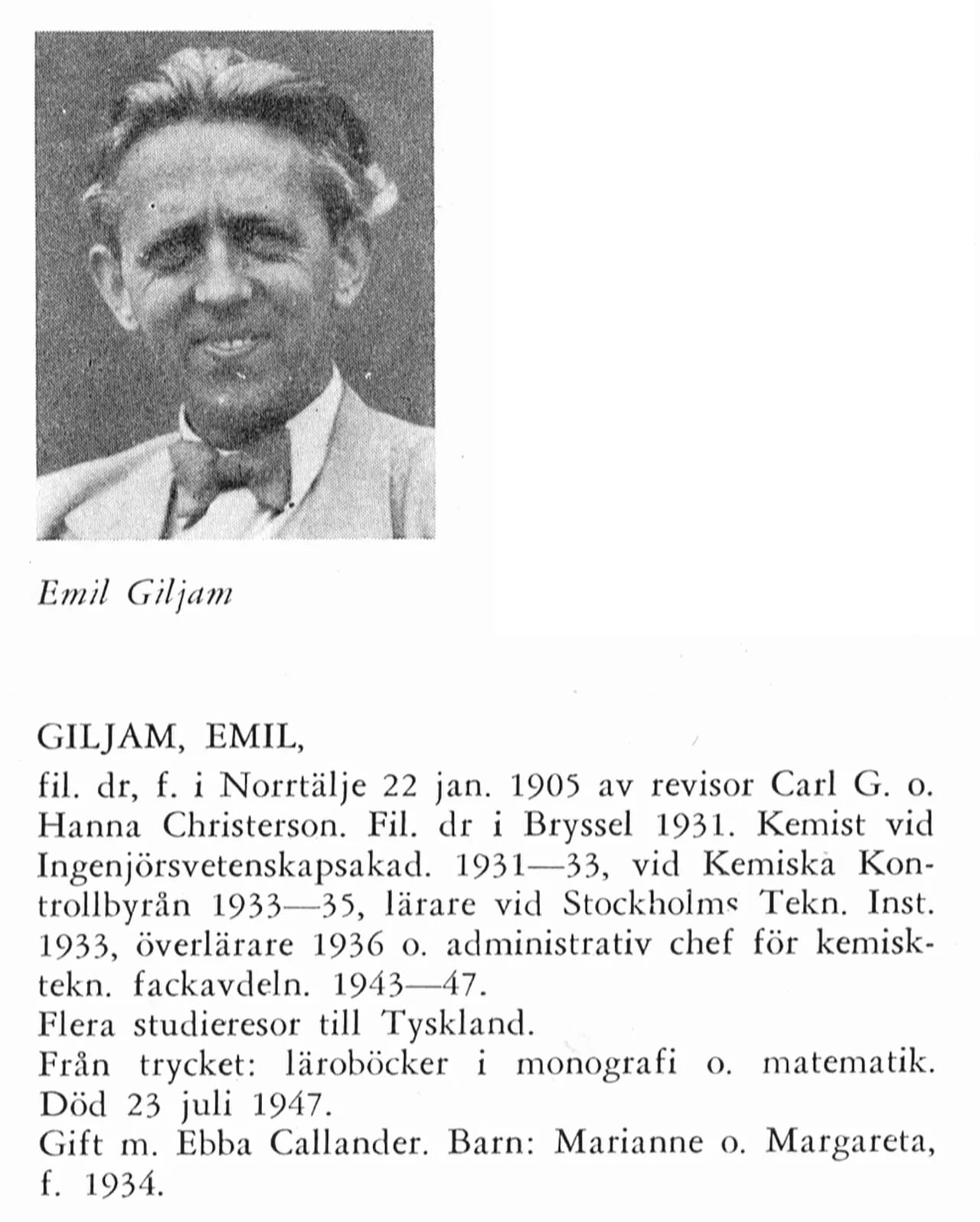 Porträt von Emil Giljam (1905–1947) – Gedenkseite