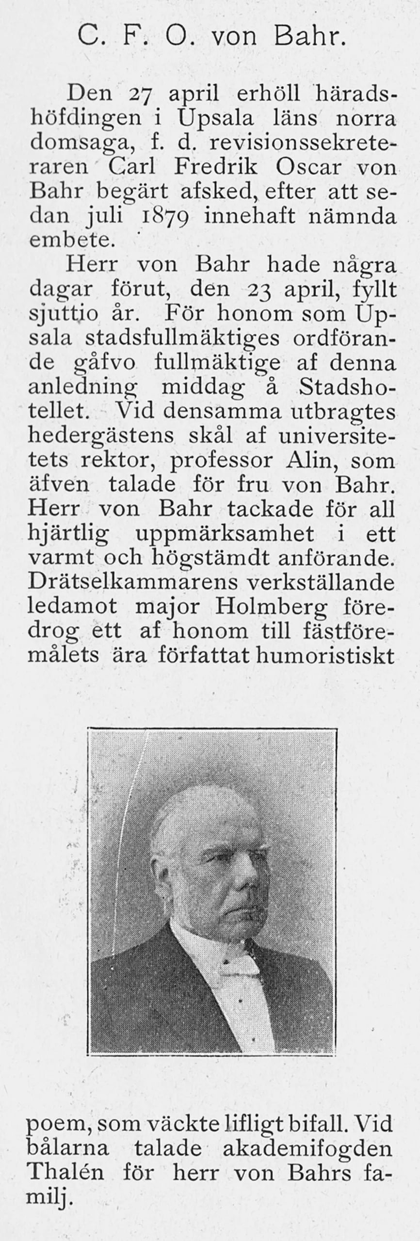 Portrait of Carl Fredrik Oscar von Bahr (1830–1900) – memorial page