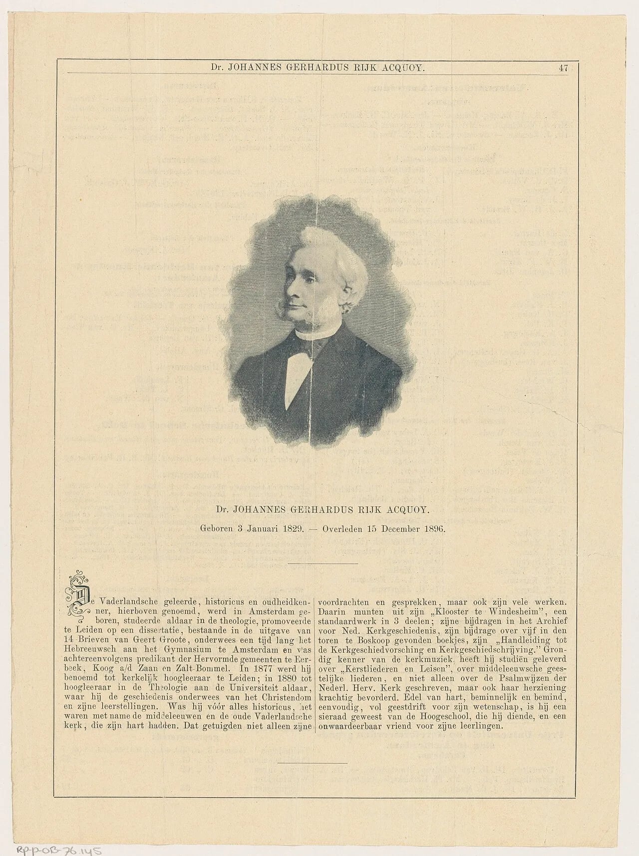 Porträt von Johannes Gerhardus Rijk Acquoy (1829–1896) – Gedenkseite