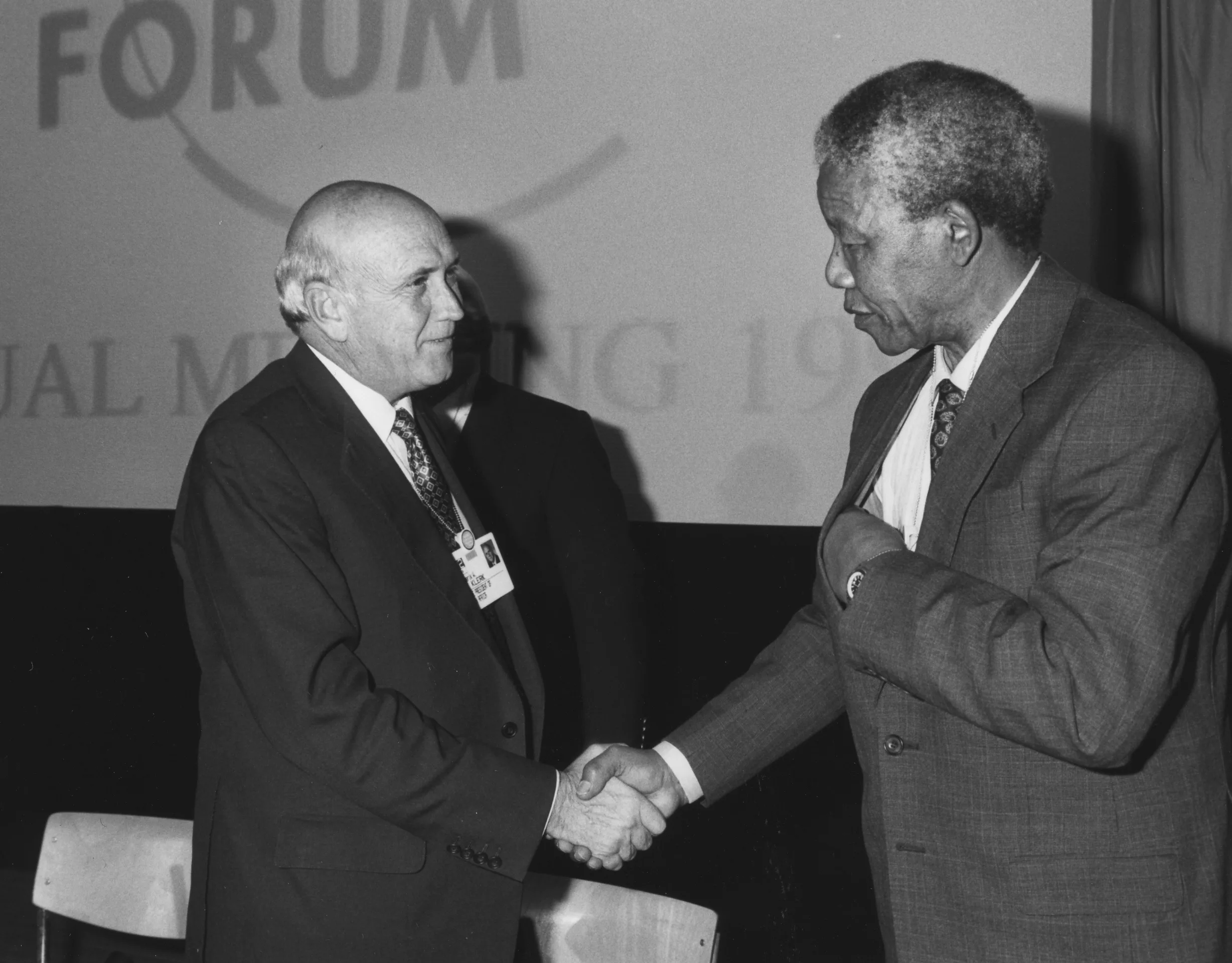 Frederik Willem de Klerk und Nelson Mandela beim Weltwirtschaftsforum 1992 in Davos