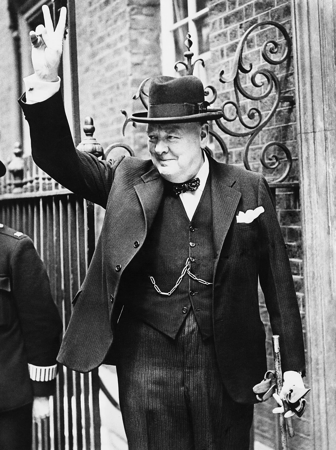 Winston Churchill making the V sign outside Downing Street