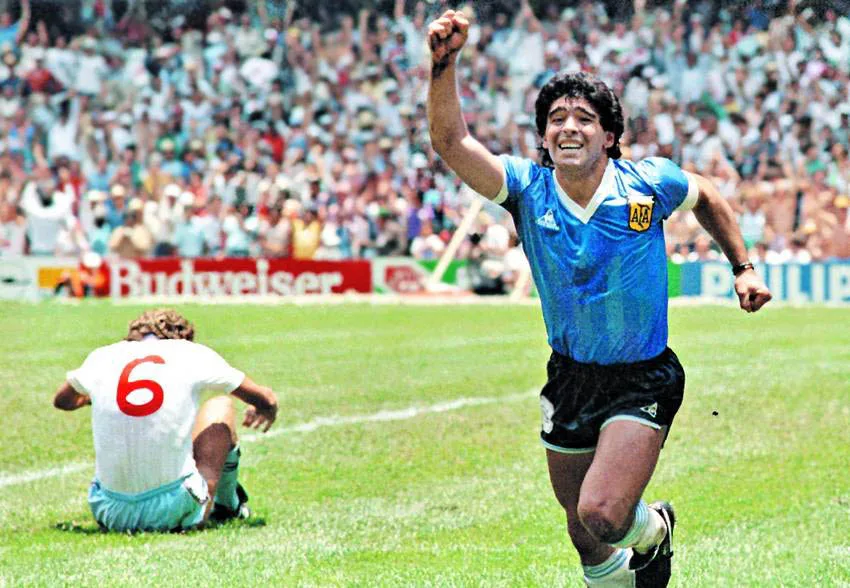 Diego Maradona celebrating after his second goal against England at the 1986 World Cup