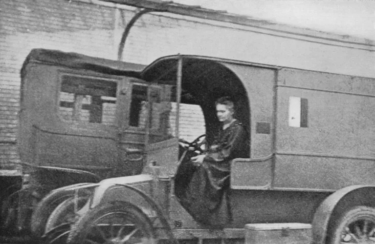 Marie Curie in a mobile X-ray vehicle during the First World War