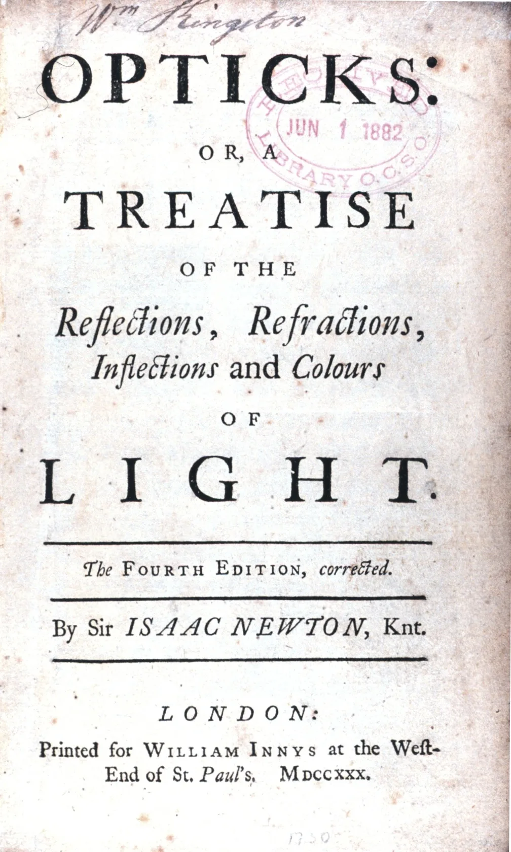 Titelseite von Isaac Newtons Opticks
