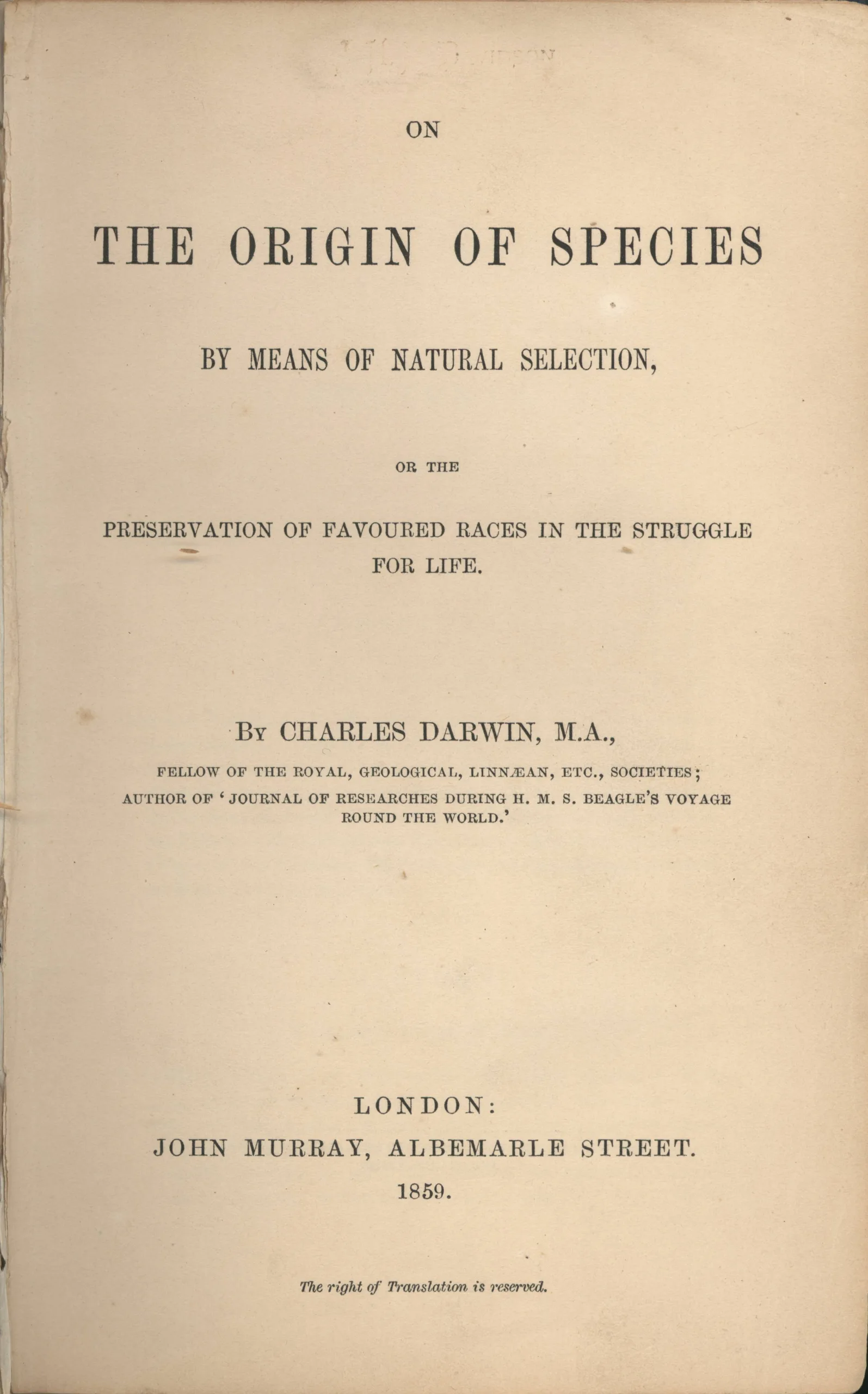 Titelseite der ersten Ausgabe von On the Origin of Species