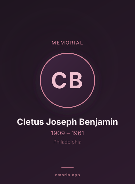 Memorial portrait of Cletus Joseph Benjamin