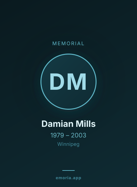 Memorial portrait of Damian Mills