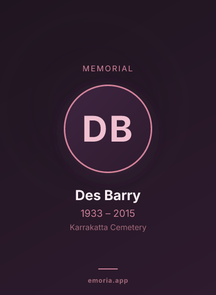Memorial portrait of Des Barry