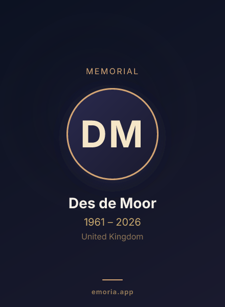 Memorial portrait of Des de Moor