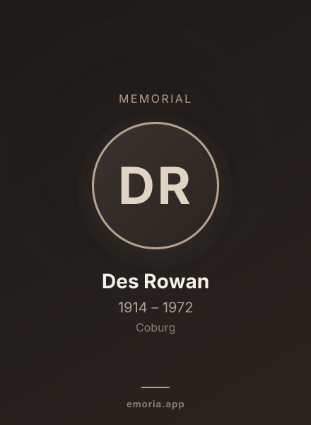 Memorial portrait of Des Rowan