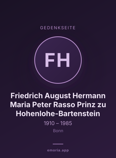 Gedenkportrait von Friedrich August Hermann Maria Peter Rasso Prinz zu Hohenlohe-Bartenstein