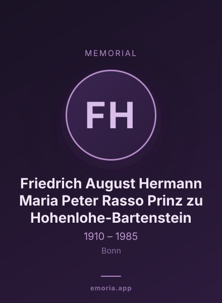 Memorial portrait of Friedrich August Hermann Maria Peter Rasso Prinz zu Hohenlohe-Bartenstein