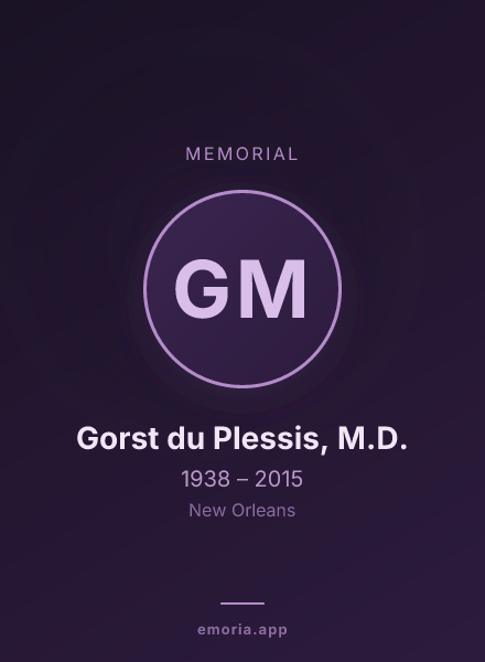 Memorial portrait of Gorst du Plessis, M.D.