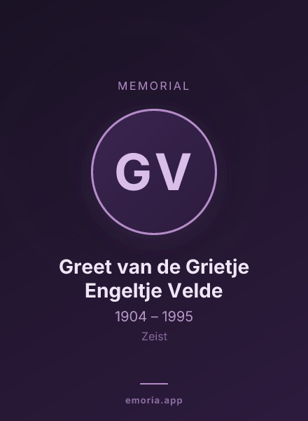Memorial portrait of Greet van de Grietje Engeltje Velde