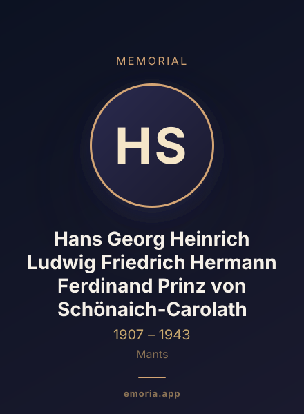 Memorial portrait of Hans Georg Heinrich Ludwig Friedrich Hermann Ferdinand Prinz von Schönaich-Carolath