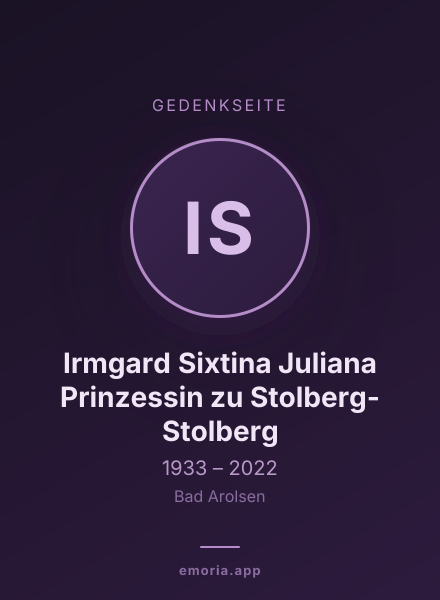 Gedenkportrait von Irmgard Sixtina Juliana Prinzessin zu Stolberg-Stolberg