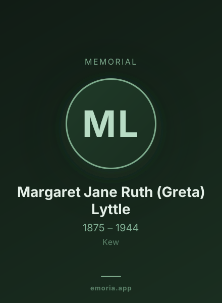 Memorial portrait of Margaret Jane Ruth (Greta) Lyttle