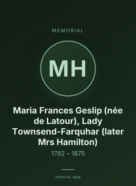 Memorial portrait of Maria Frances Geslip (née de Latour), Lady Townsend-Farquhar (later Mrs Hamilton)