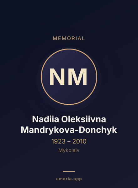 Memorial portrait of Nadiia Oleksiivna Mandrykova-Donchyk