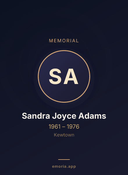 Memorial portrait of Sandra Joyce Adams
