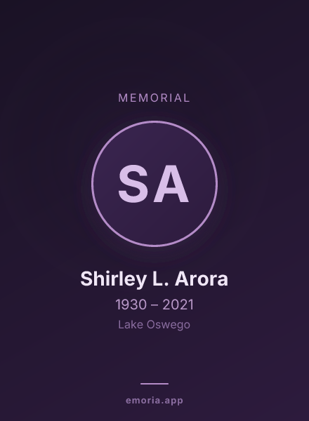 Memorial portrait of Shirley L. Arora