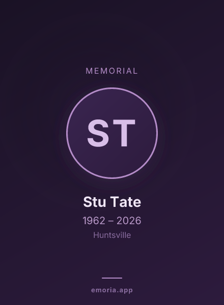 Memorial portrait of Stu Tate
