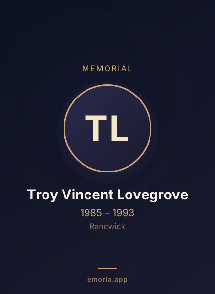 Memorial portrait of Troy Vincent Lovegrove