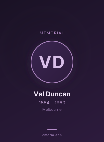 Memorial portrait of Val Duncan