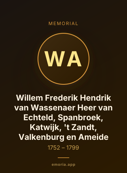 Memorial portrait of Willem Frederik Hendrik van Wassenaer Heer van Echteld, Spanbroek, Katwijk, 't Zandt, Valkenburg en Ameide